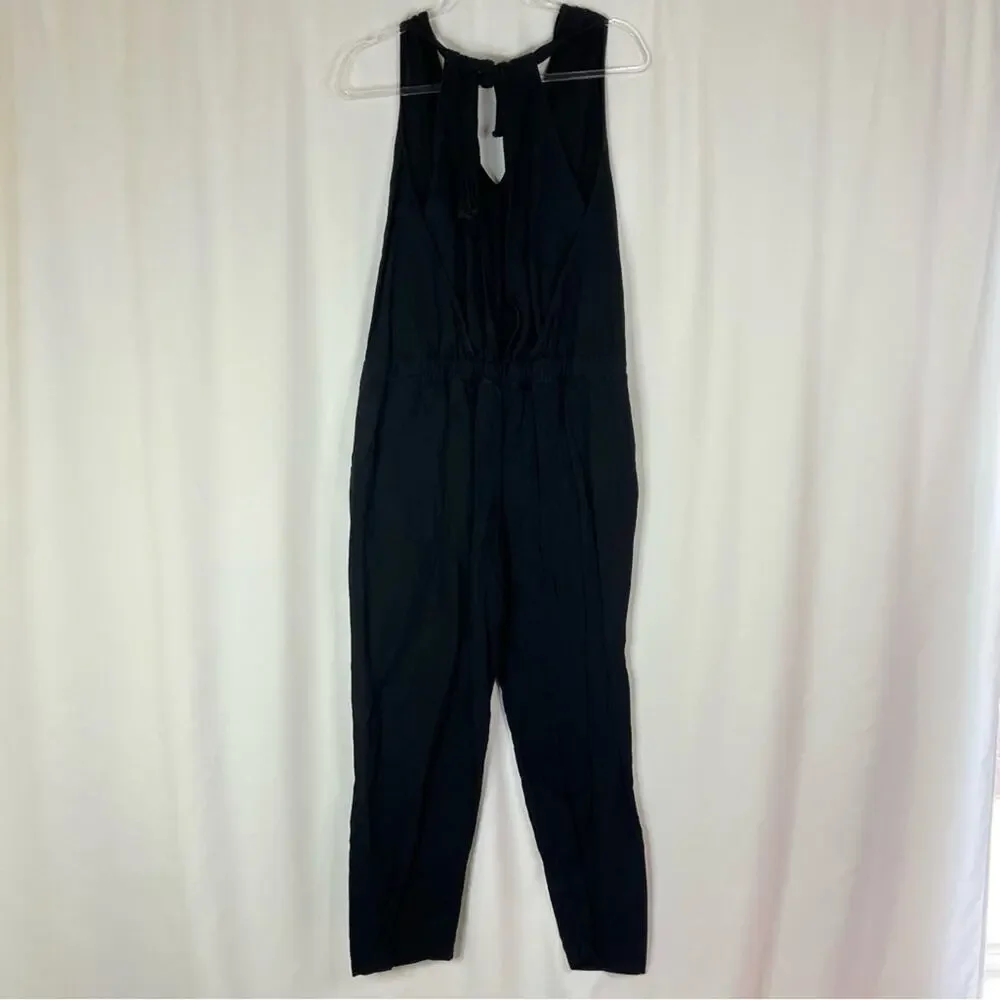 Zara Basic Black Linen Cotton Blend Tie Back Jumpsuit Womens Small